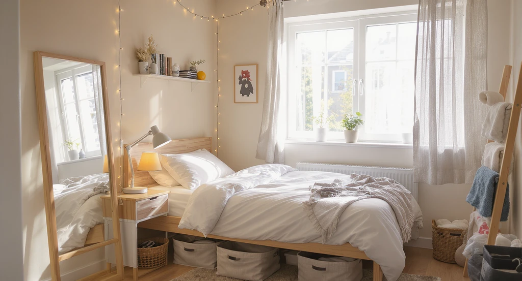 Photo-realistic dorm room designed using ai dorm room design ideas, showing cozy layouts with light bedding, strategic mirrors, privacy tapestries, and organized storage as best ai tools for small space design; ideal example for virtual staging solutions for student dorms.