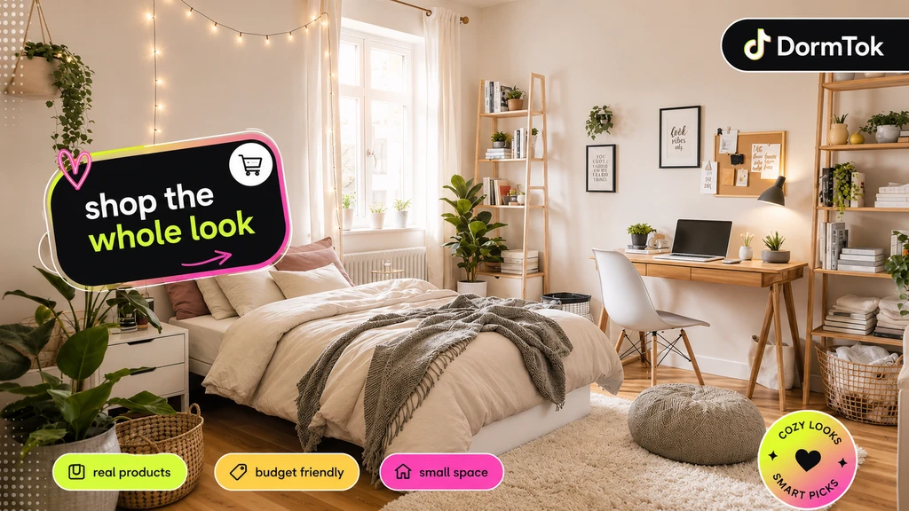 Ultra-realistic hero image of a cozy college dorm room designed with ai dorm room design ideas, showing a neatly organized space with layered bedding, smart storage, soft lighting, and warm decor accents that help visualize cozy dorm layouts with ai and best ai tools for small space design.