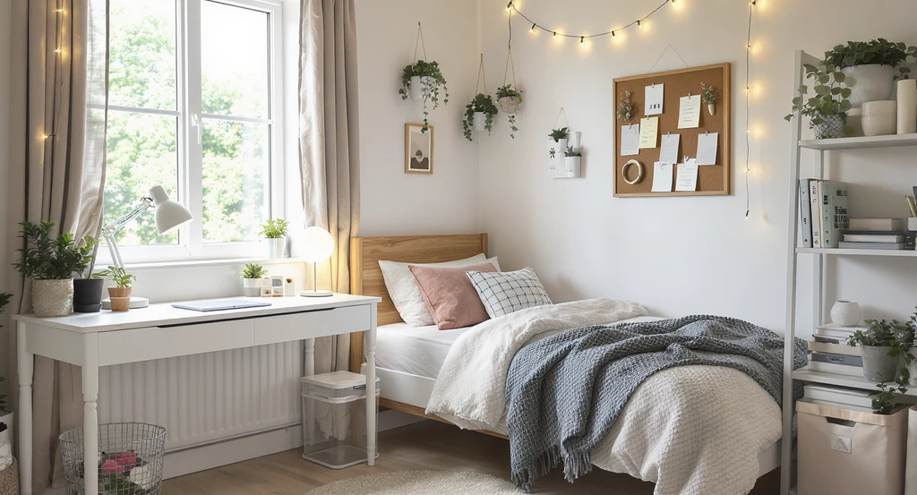 Photorealistic ai dorm room design from photo, showing a cohesive dorm makeover with smart storage bins, task lamp, LED lights, and decor. Best ai tool for dorm decor, demonstrating ai room design shopping list integration.