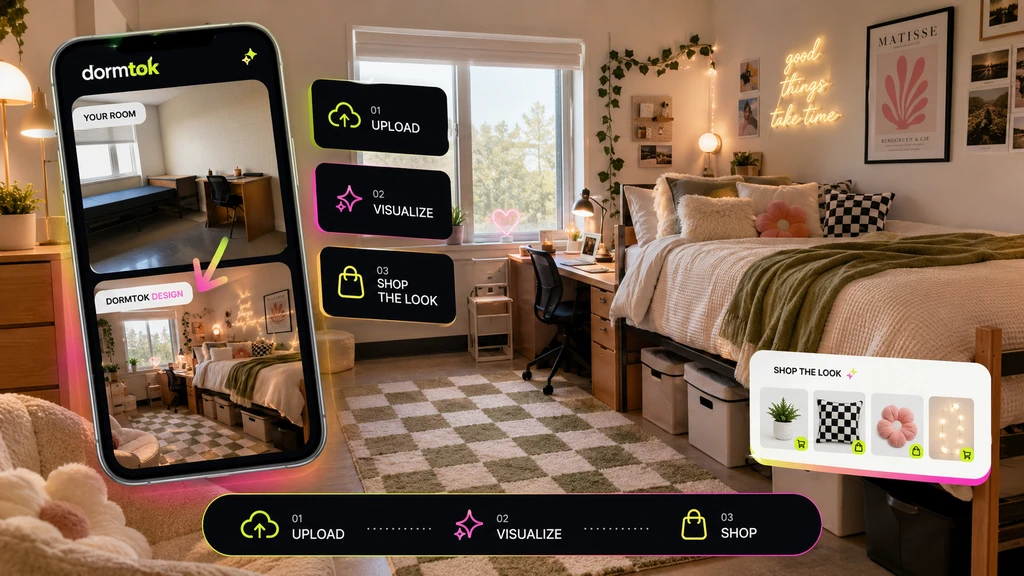 Split view of a college dorm room, before and after AI dorm room design from photo, showing how AI interior design tools visualize and enhance dorm spaces.