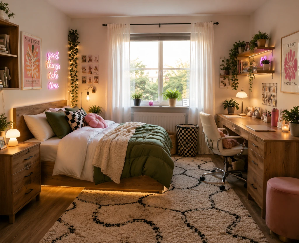 Photorealistic ai dorm room design from photo showing a real college room virtually made over by AI; visualize dorm makeover with ai, best ai tool for dorm decor. A neat, naturally lit dorm features coordinated bedding, rug, wall art, storage, and a cozy study nook, illustrating how does ai interior design work and ai room design shopping list integration.