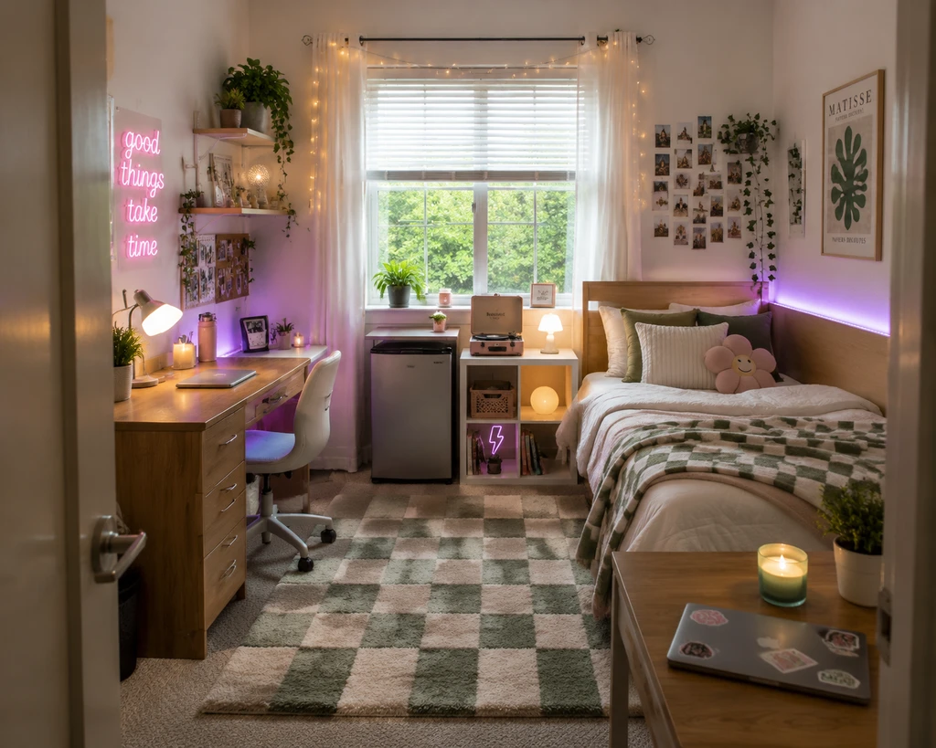 Photorealistic dorm room shows how ai dorm room design from photo works: visualize dorm makeover with ai, see decor before shopping, and integrate an ai room design shopping list.
