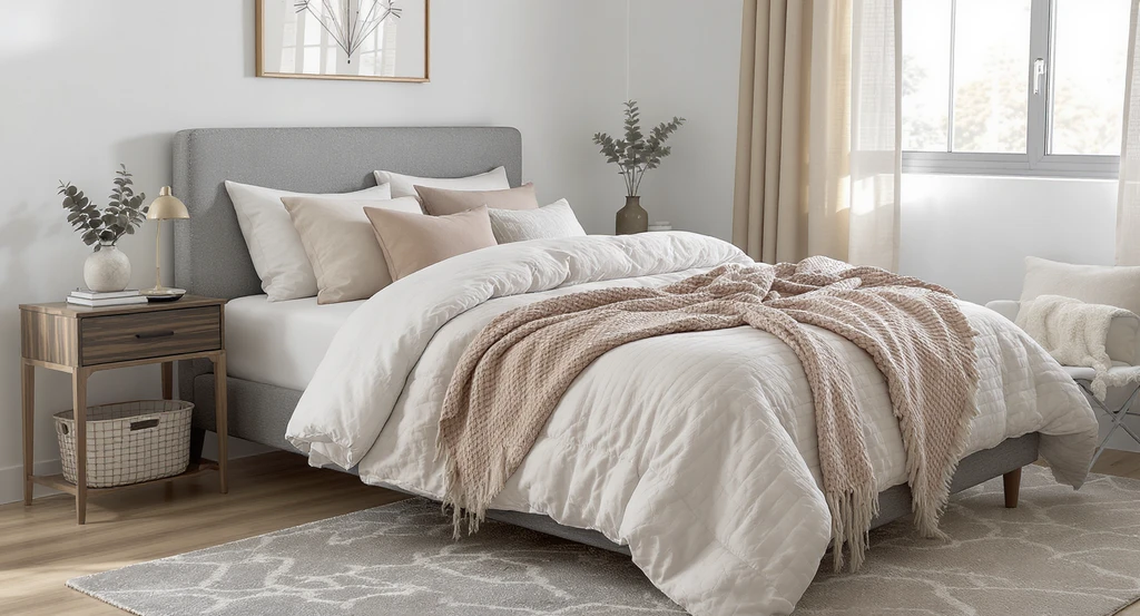 Photorealistic dorm room featuring a styled bed with boho comforter and minimalist pillows, as visualized by an ai dorm room bedding visualizer tool for choosing bedding colors using ai design.