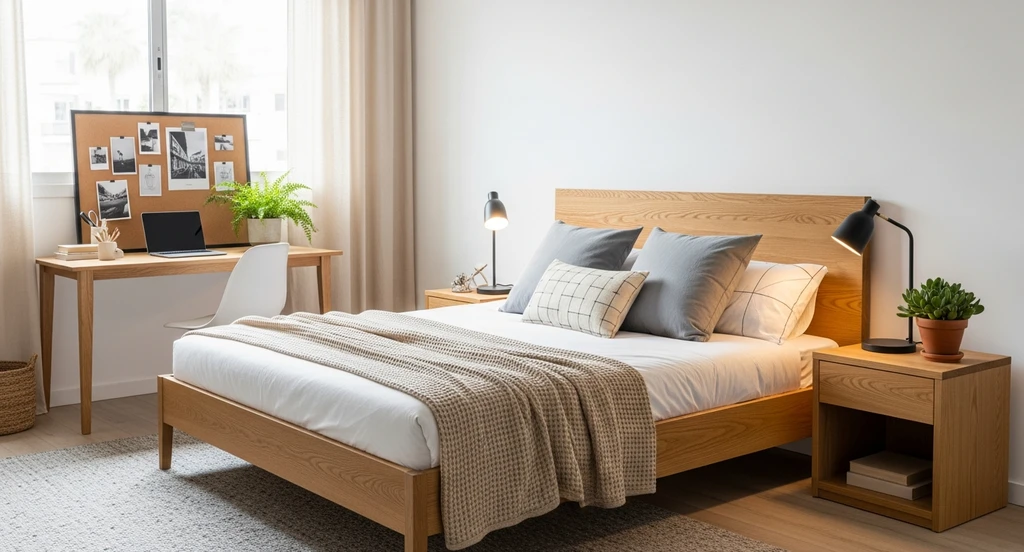 Photorealistic college dorm room showcasing a Twin XL bed with fitted bedding, illustrating ai dorm room bedding visualizer tool and how to visualize dorm bedding with ai in a real setting.