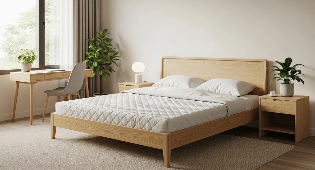 Realistic dorm room scene showing a twin XL bed with a memory foam mattress topper, visualized using an ai dorm room bedding visualizer tool for choosing dorm bedding colors and materials.