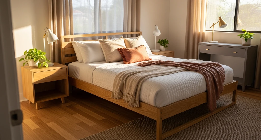 How to visualize dorm bedding with AI: a realistic dorm room showing twin XL bed with neatly layered bedding, storage bins, color swatches, and organizers, created using an AI dorm room bedding visualizer tool for a virtual dorm room makeover.