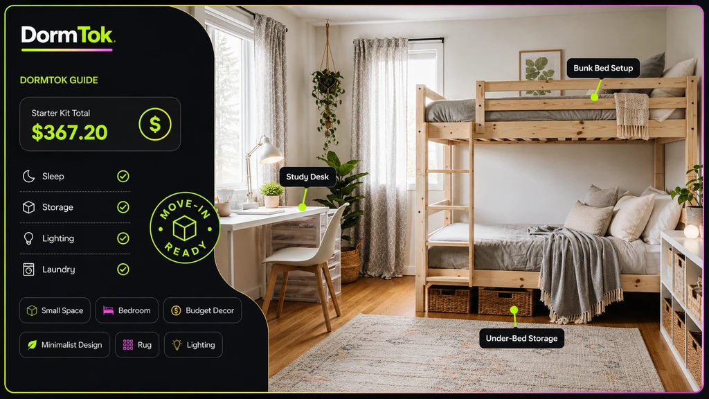 Photo-realistic ai dorm room design visualization showing a starter kit dorm setup. Smart storage solutions, multi-use furniture, and ai organization ideas help students save money and space.