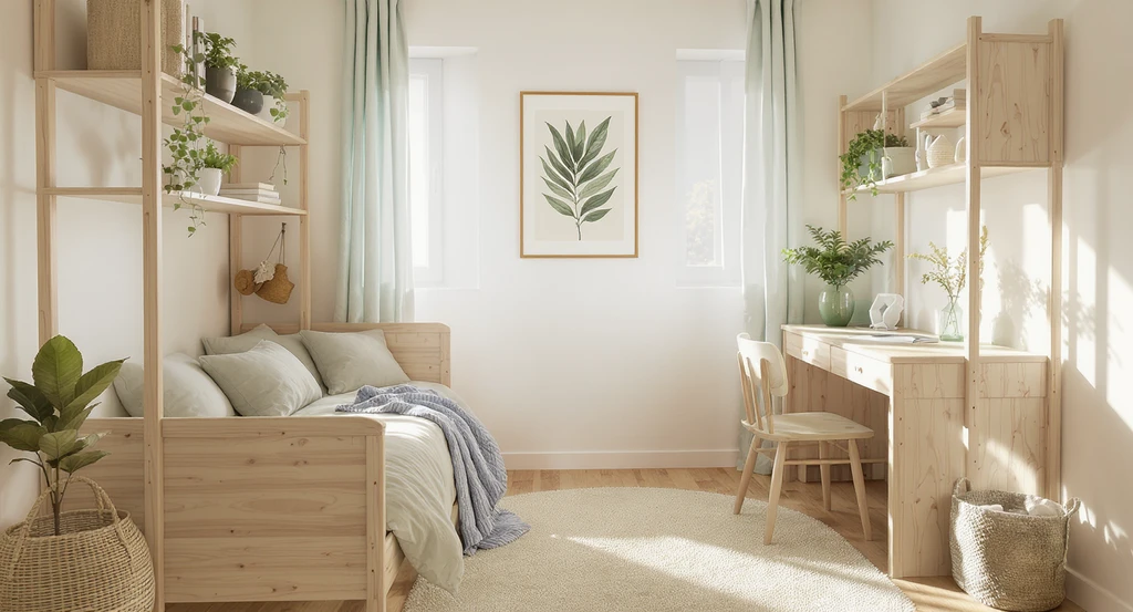 Photorealistic ai dorm room design visualization showcasing sage green, cream, and light wood, enhanced by ai storage optimization for small rooms, leafy art, and plants.
