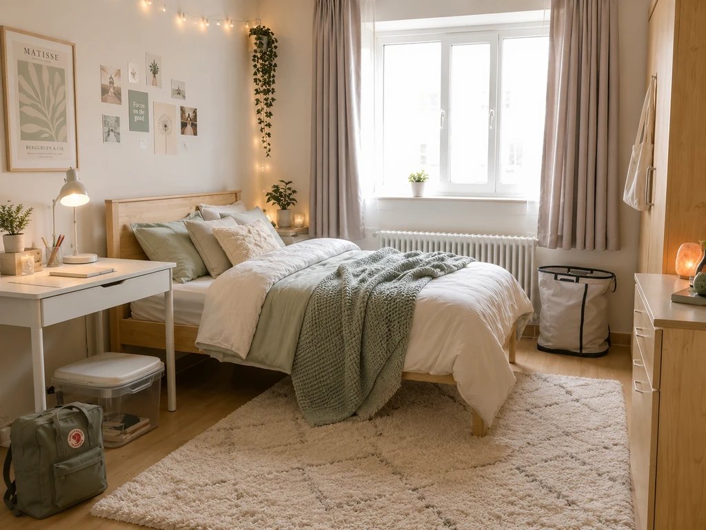 AI dorm room design visualization of a single student room with comforter set, desk lamp, storage drawers, area rug, and laundry hamper, created for best AI tools for college dorm planning and ai storage optimization for small rooms.