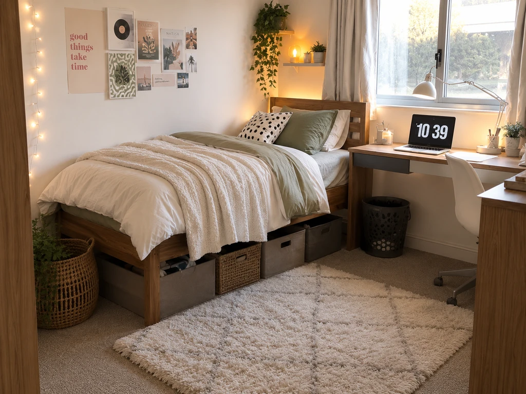 Ultra-realistic ai dorm room design visualization showing starter kit essentials—bedding, storage bins, laundry basket, and desk light—for best ai tools for college dorm planning and how ai home design saves money for students via virtual dorm makeover with ai visualization and ai storage optimization for small rooms.