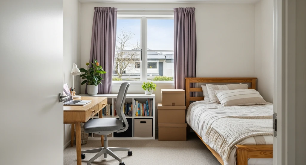 Organized dorm room with essential furniture and storage, illustrating how to budget for dorm essentials and avoid overspending on college decor as a first generation student.