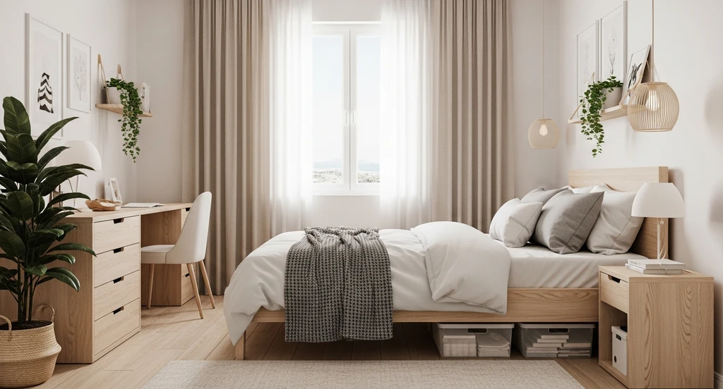 How to budget for dorm essentials: a realistic college dorm room shows allocated bedding, storage, decor, laundry, and cleaning supplies, helping avoid overspending and minimizing move-in waste.