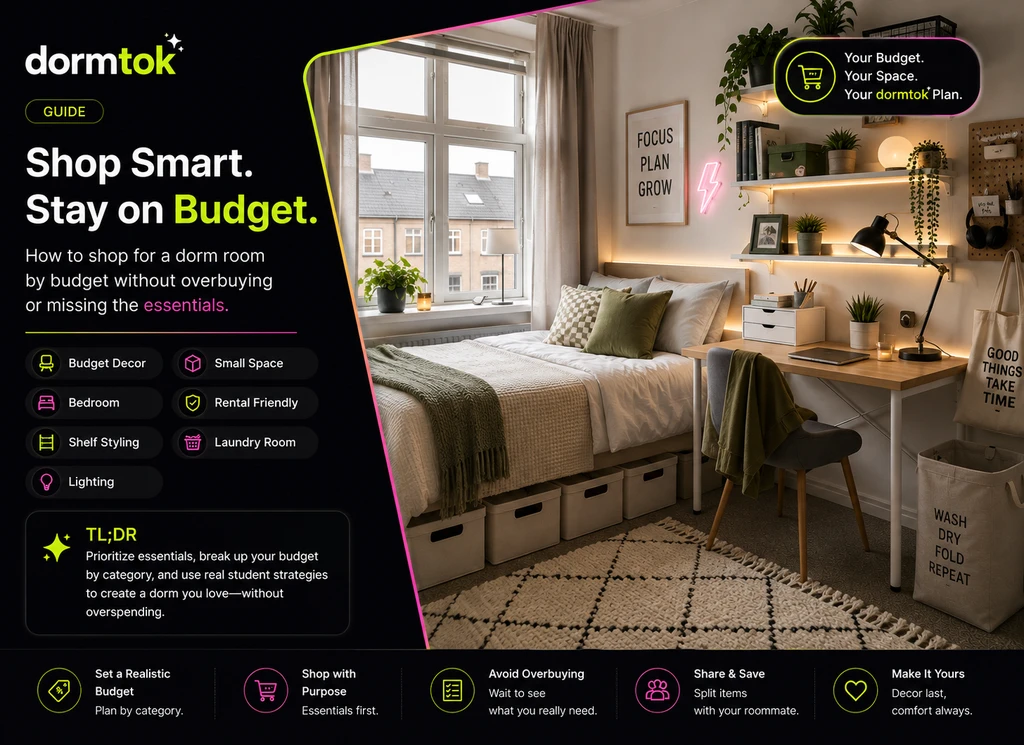 Neatly organized dorm room with functional budget essentials—compact desk, minimalist bed, storage bins—demonstrating how to budget for dorm essentials, frugal strategies for first generation college students, and practical ways to avoid overspending on college decor.
