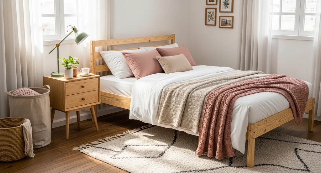 Layered, cozy dorm room showcasing ai home design ideas for dorm rooms with tactile throws, pillows, small textured rug, thrifted decor, and rental-friendly storage, visualized using the best ai room makeover tools for students to maximize a small bedroom space.