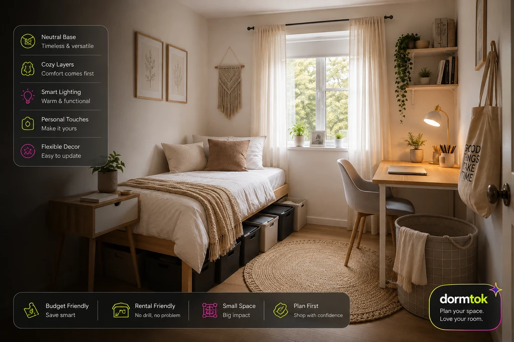 Modern cozy dorm room with layered linens, modular furniture, open shelves, and natural light, illustrating ai home design ideas for dorm rooms and rental-friendly interior solutions.
