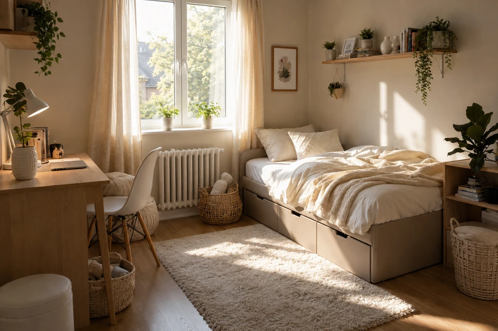 Well-organized cozy dorm room with layered neutral bedding, modular shelves, multi-purpose desk, and rental-friendly decor, visualized with ai home design ideas for dorm rooms and best ai room makeover tools for students.