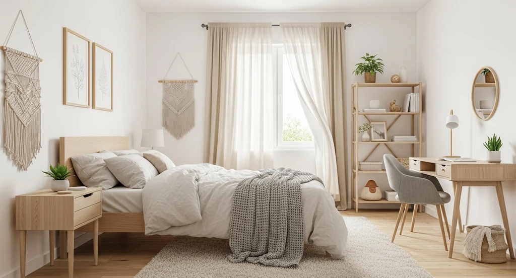 Photorealistic dorm room with neutral bedding, beige rug, layered blankets, and white organizers. See ai home design ideas for dorm rooms or best ai room makeover tools for students to create a flexible, small space.
