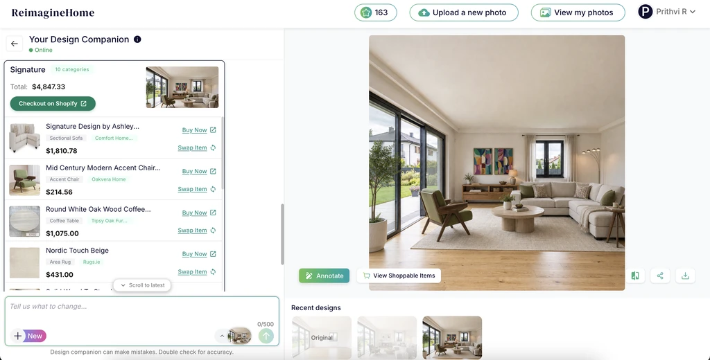 ReimagineHome Design Companion showing a styled living room alongside a shoppable product list with multiple retailers, product prices, Buy Now and Swap Item options, and a Shopify checkout button.