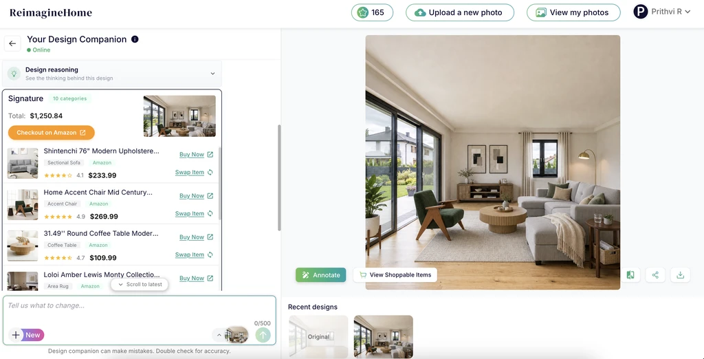ReimagineHome Design Companion showing an AI-designed living room with a shoppable product list, Amazon checkout option, product prices, swap-item controls, annotations, and recent designs.