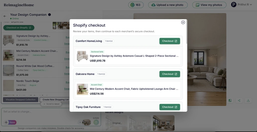 ReimagineHome Design Companion displaying a Shopify checkout modal with products grouped by merchant, including Comfort HomeLiving, Oakvera Home, and Tipsy Oak Furniture, each with its own secure checkout button.