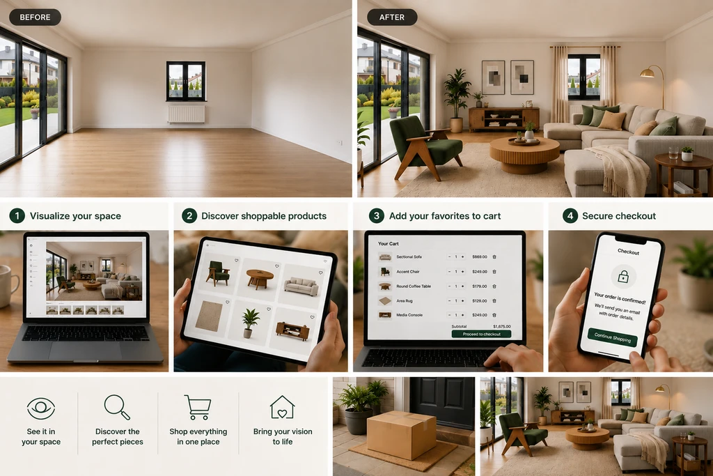 ReimagineHome AI Visualizer showing a living room transformation, shoppable furniture and décor, shopping cart, and a four-step journey from visualizing a space to secure checkout.