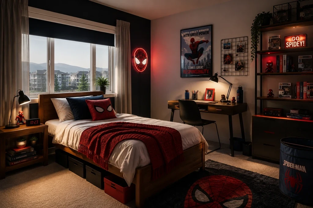 Photorealistic college dorm room with Spider-Man-themed bedding, wall art, collectibles, and neat study setup. Ideal ai virtual staging example for students seeking themed dorm decor using ai room makeover ideas for small spaces.