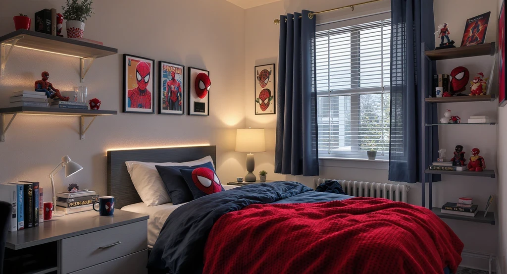 Editorial-quality dorm room scene using ai virtual staging for dorm rooms, showing sophisticated Spider-Man bedding, neutral basics, and layered textures as a best ai home design tool for students.