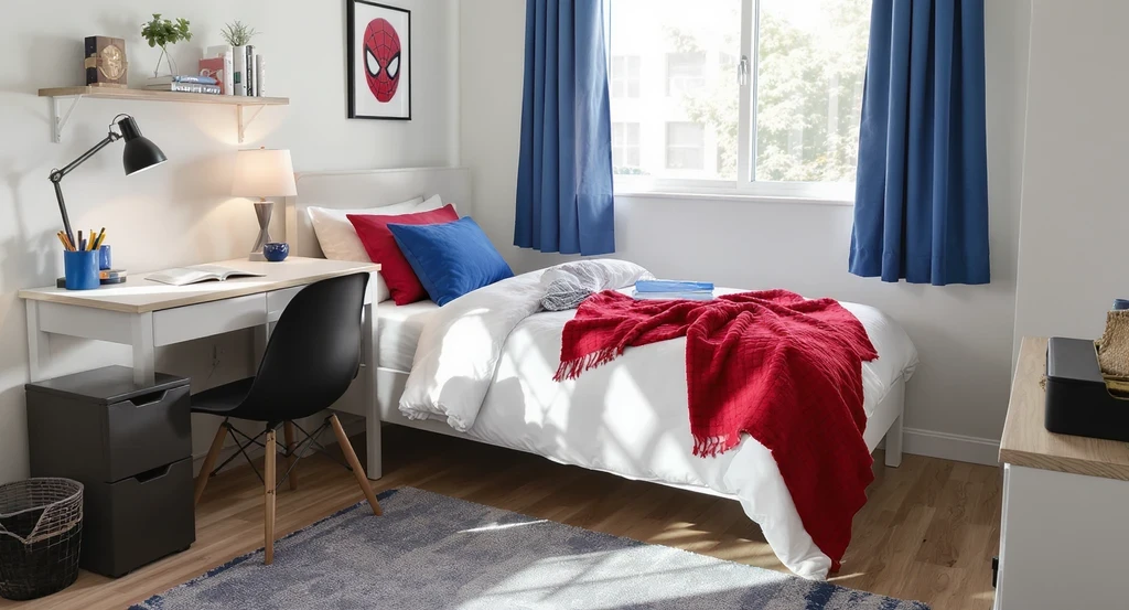 Photorealistic dorm room with Spider-Man colors, styled using ai virtual staging for dorm rooms and affordable ai room makeover ideas for students.