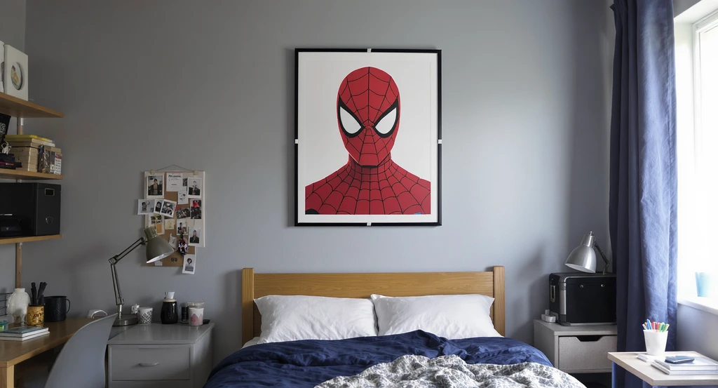 Ultra-realistic dorm room with a single Spider-Man poster as a focal point, minimal decor, and themed memorabilia, showing ai virtual staging for dorm rooms and affordable dorm decor ideas.