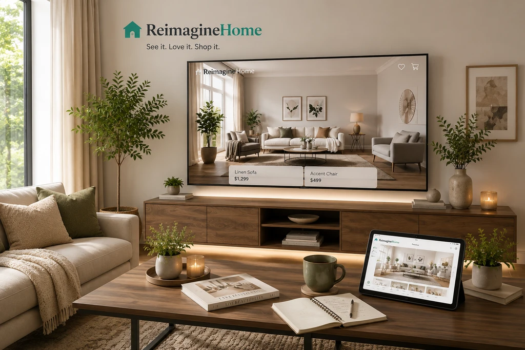Modern living room with a digital screen showing an AI-powered furniture room visualization app, comparing photorealistic room makeovers and design options for a personalized AI interior design workflow.