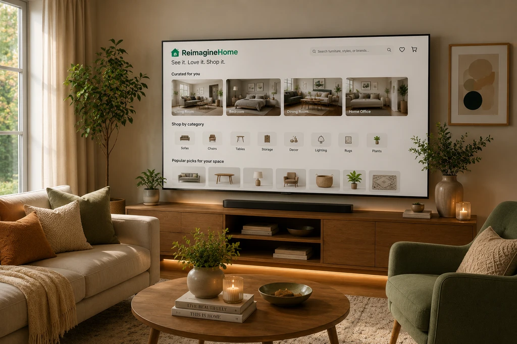 Ultra-realistic living room showcasing ai-powered furniture room visualization tools, personalized ai interior design workflow, and budget friendly ai room makeovers, with digital comparisons of furniture options displayed on a nearby screen.