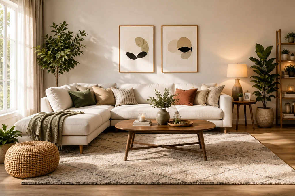 Photorealistic living room rendered by ai-powered furniture room visualization tools, showing how to visualize furniture with AI for a personalized, balanced layout.