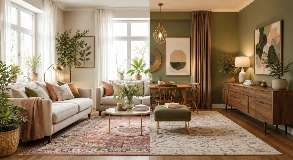 Photorealistic living room displaying multiple furniture styles integrated with AI, showing benefits of seeing furniture in your room before buying online.