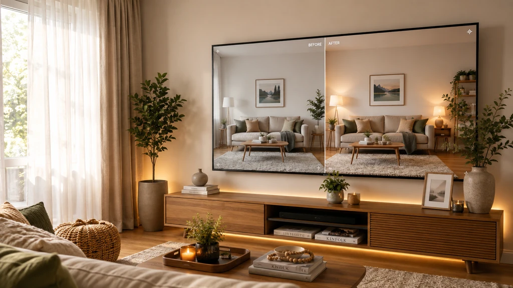 Modern living room with split-screen display showing how to see furniture in your own room with AI, illustrating the AI-powered virtual furniture staging process, and the benefits of using AI room design tools to compare different furniture styles before buying.