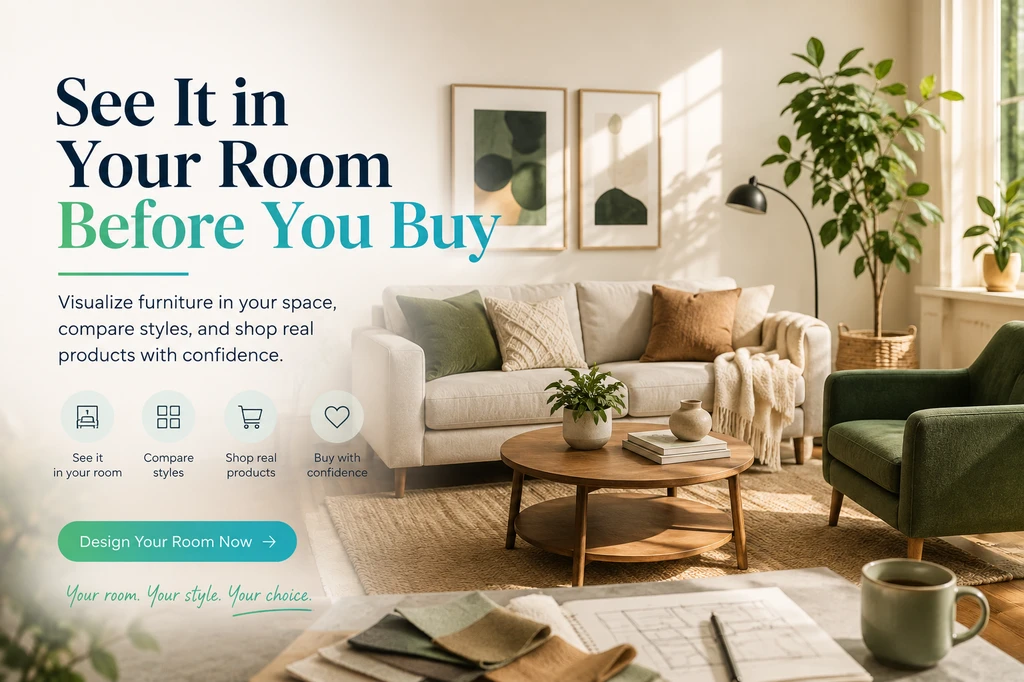 See furniture in your own room with AI, modern living room showing how to visualize furniture before buying using an AI-powered virtual furniture staging process.
