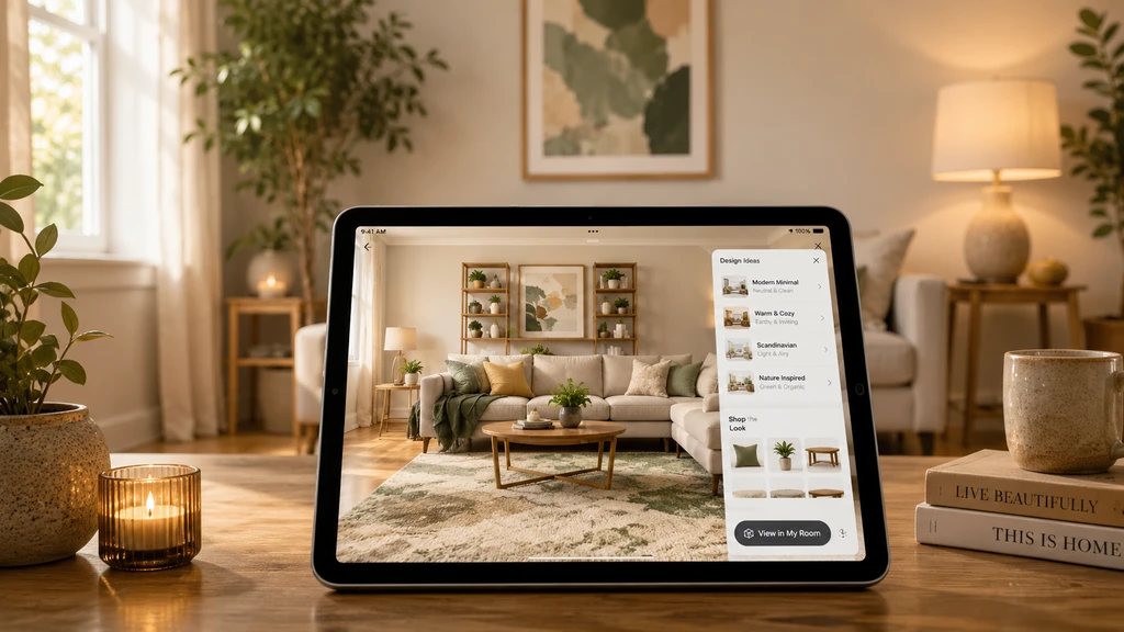 Modern living room with a tablet on a coffee table, illustrating AI-powered virtual furniture staging to see furniture in your own room before buying and compare styles.