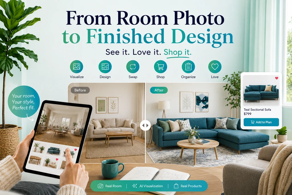 Modern living room with sectional sofa and area rug, displayed side-by-side in real and AI-visualized versions, highlighting how to visualize furniture in your room before buying and using AI for room design visualization to prevent buying furniture that doesn’t fit.