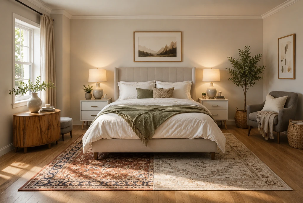 Modern bedroom with multiple sofas, rugs, tables, and lamps digitally swapped to show how to visualize furniture in your room before buying, using AI room design visualization, and tips for choosing the right rug size to prevent buying furniture that doesn't fit.