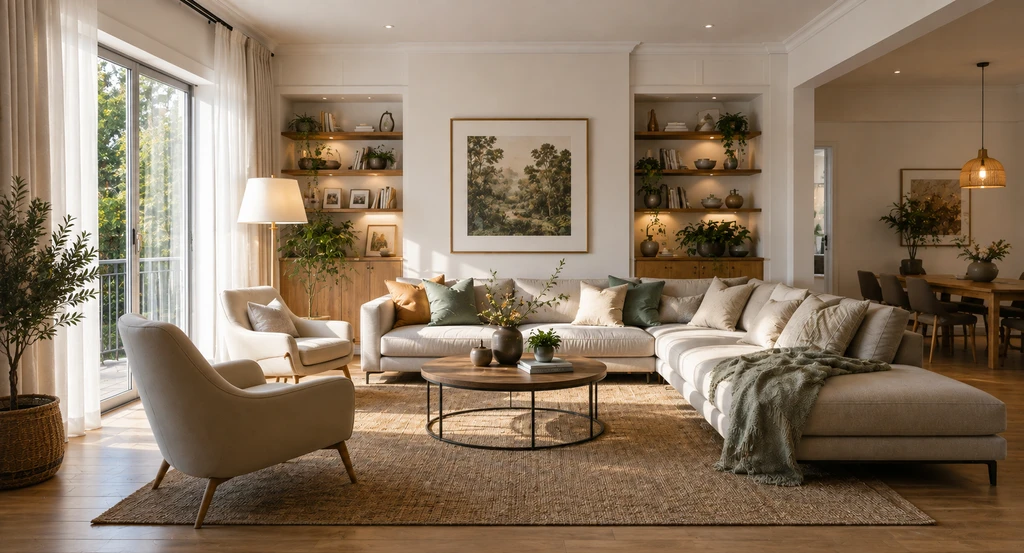 Photorealistic living room with real furniture and digitally staged new pieces, showing how to visualize furniture in your room before buying and using AI for room design visualization to prevent buying furniture that doesn't fit.