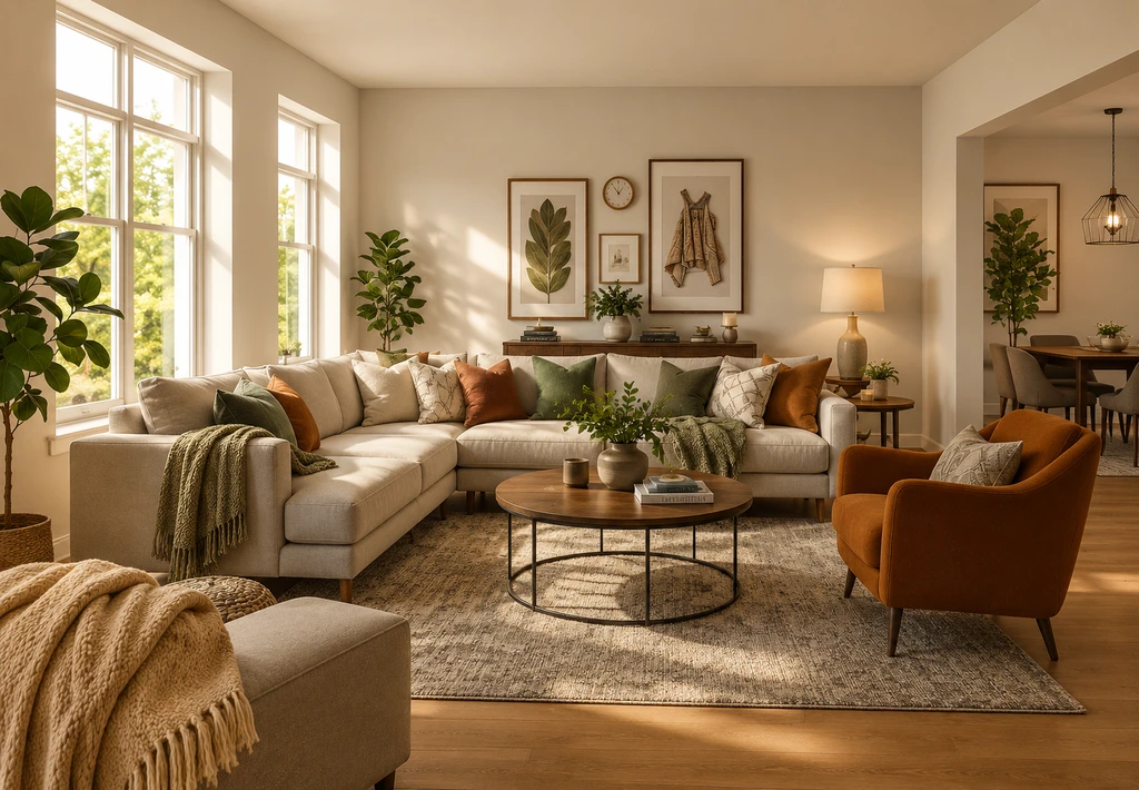 Modern living room staged with real furniture and subtle digital overlays, showing how to visualize furniture in your room before buying using AI room design visualization tools.