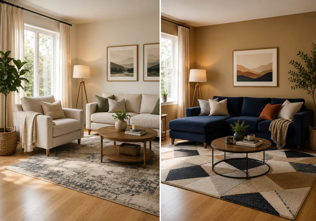 Editorial photo of a modern living room showing a split-screen before-and-after: original furnishings versus AI-visualized new sofa, rug, and wall color. Learn how to visualize furniture in your room before buying, prevent buying furniture that doesn't fit, and get tips on using AI for room design visualization.