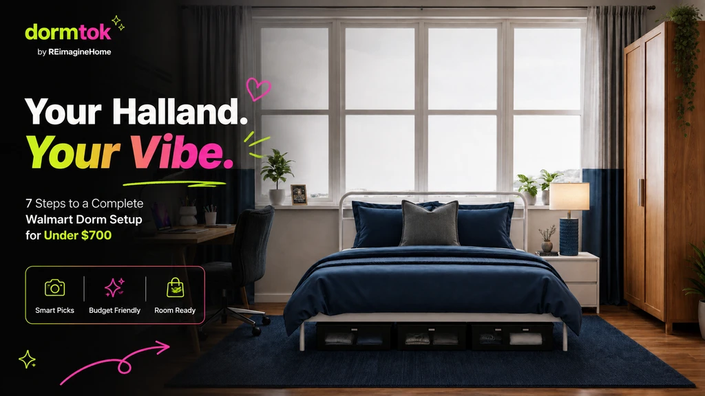 Photorealistic ai home design for dorm rooms showing a Walmart dorm setup under $700, displaying budget-friendly furniture, bedding, and storage in a small student room, ideal for virtual dorm room makeover with ai tools and space planning.