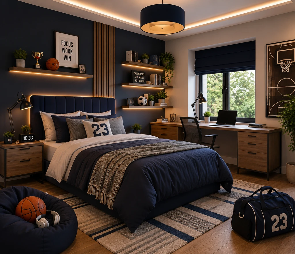 AI home design for dorm rooms, showing a virtual dorm room makeover with a Walmart setup under $700, highlighting a budget-friendly, coordinated student living space. Natural light, practical furnishings, and organized storage are visible, demonstrating how AI visualization helps small spaces.