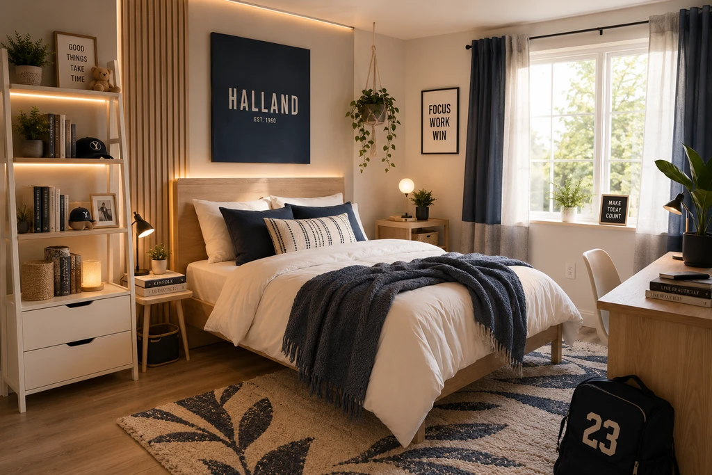 Photorealistic college dorm room styled with ai home design for dorm rooms, showing a navy canvas art, throw pillow, and washable rug in a budget-friendly ai dorm setup idea for small student spaces.