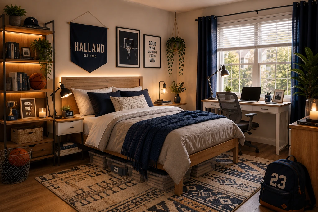 Photorealistic dorm room designed with ai home design tools, featuring budget-friendly Walmart essentials—bed, desk, storage, lamps, and wall art.