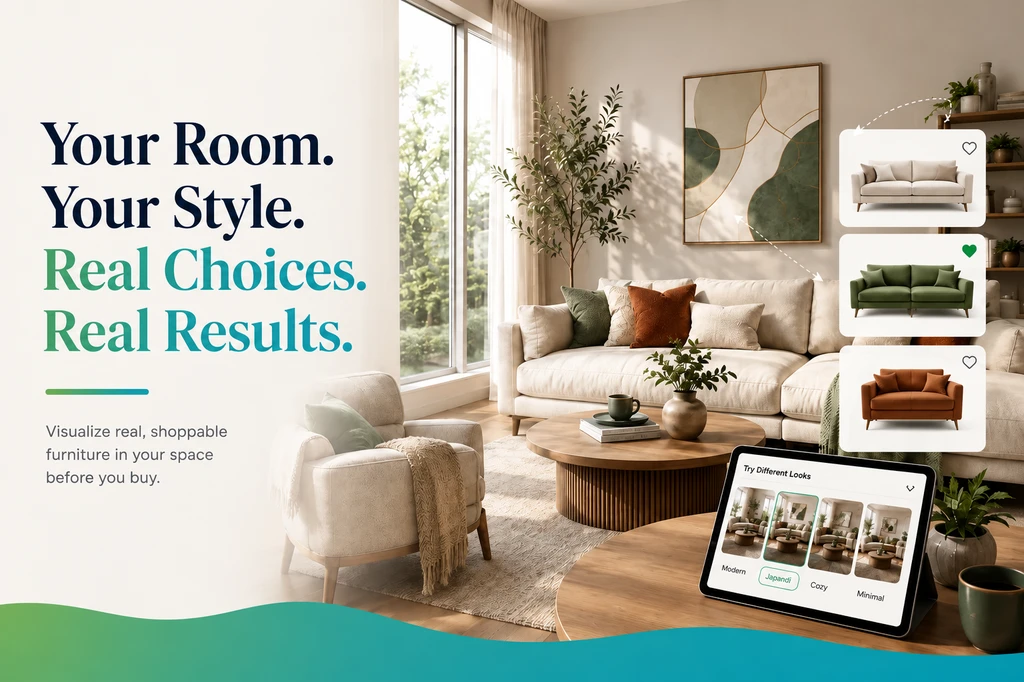 Modern living room with realistic virtual overlays of different sofa and furniture styles, showing how to visualize furniture in your room and check fit before buying using room visualization tools.
