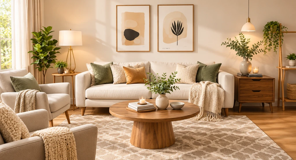 Modern living room staged to let users visualize furniture fit, showing different sofas and chairs, as in top room visualization tools for shoppers.