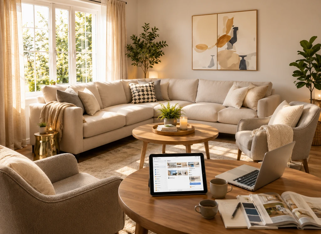 Ultra-realistic living room set up with a neutral sofa and accent chairs, featuring a tablet and laptop displaying room visualization tools, showing how to visualize furniture in your room, the best way to check furniture fit before buying, and how to see if a sofa will fit with tools for furniture shoppers.