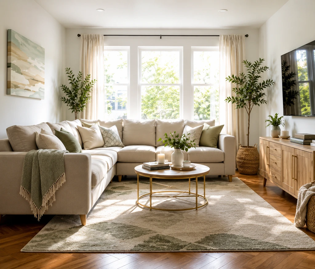 Photorealistic living room with a large sectional sofa and bold rug, showing how to visualize furniture in your room and check if a sofa will fit before buying using room visualization tools for furniture shoppers.