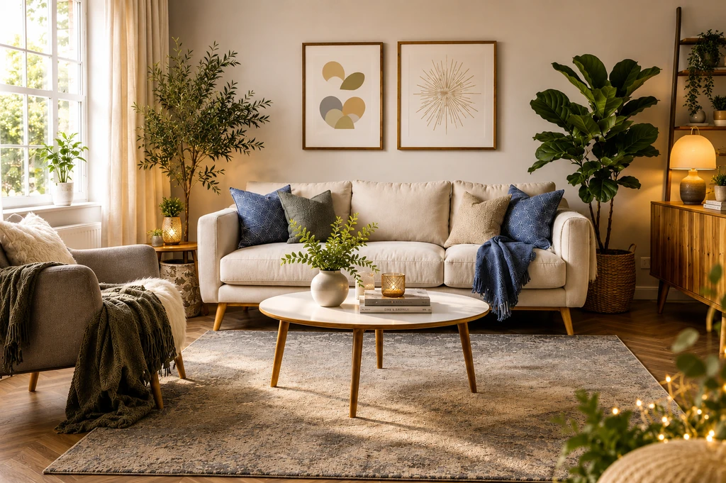 Photorealistic living room with AI visualized furniture, neutral sofa, area rug, coffee table—showcasing shoppable interior design ideas using an ai-powered room visualization tool for homes.